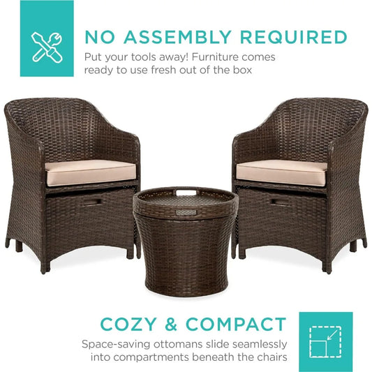 "Outdoor Wicker Table & Chairs Set – Rattan Bistro Furniture with Storage for Backyard