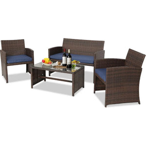 "Outdoor Wicker Sofa Set with Cushions & Coffee Table – Stylish Rattan Garden Furniture