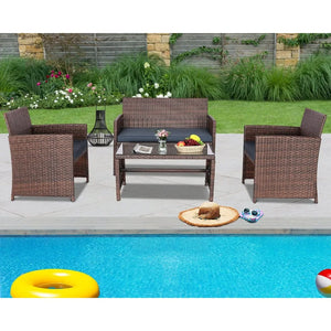 "Outdoor Wicker Sofa Set with Cushions & Coffee Table – Stylish Rattan Garden Furniture