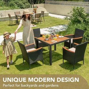 "Outdoor Dining Table & Chairs Set - Acacia Wood Top, Rattan Patio Furniture