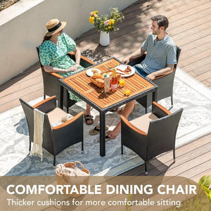 "Outdoor Dining Table & Chairs Set - Acacia Wood Top, Rattan Patio Furniture