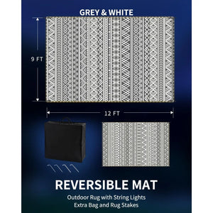 "Large Reversible Outdoor Mat for Patio & RV – LED Strip Lights, Waterproof Plastic Straw Rug