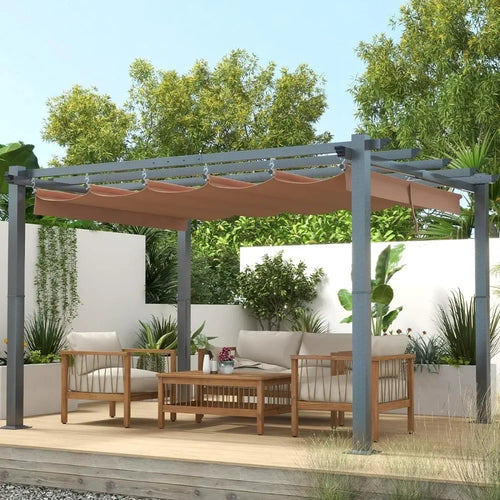 10'x12' Metal Outdoor Pergola - Upgraded Canopy with Adjustable Roof, Brown Shade Cover for Patio