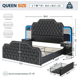 Black Platform Bed Frame - Queen Bed with Headboards Bedroom, PU Leather Tufted