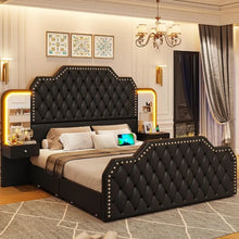 Load image into Gallery viewer, Black Platform Bed Frame - Queen Bed with Headboards Bedroom, PU Leather Tufted