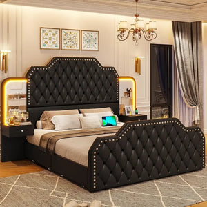 Black Platform Bed Frame - Queen Bed with Headboards Bedroom, PU Leather Tufted