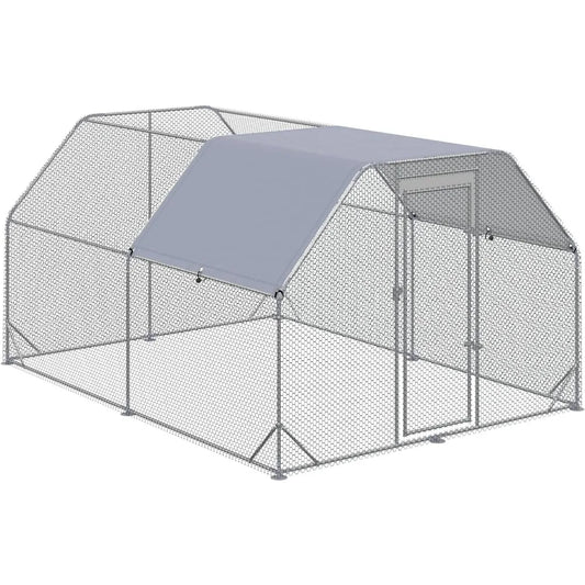 Large Chicken Run with Waterproof Cover: Metal Flat Shaped Walk-In Hen House Cage