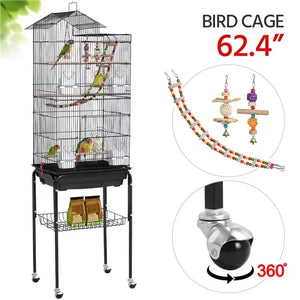 Rolling Mid-Size Bird Cage - Black Cockatiel Cages with Perches, Spacious Design