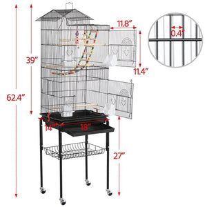 Rolling Mid-Size Bird Cage - Black Cockatiel Cages with Perches, Spacious Design