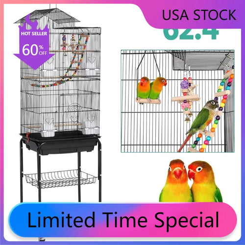 Rolling Mid-Size Bird Cage - Black Cockatiel Cages with Perches, Spacious Design