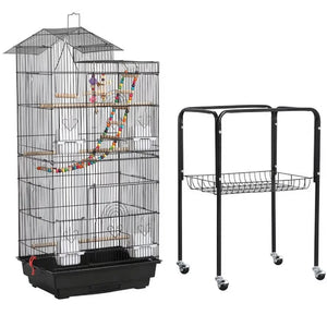 Rolling Mid-Size Bird Cage - Black Cockatiel Cages with Perches, Spacious Design