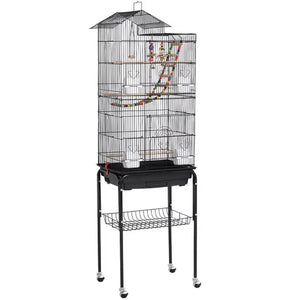 Rolling Mid-Size Bird Cage - Black Cockatiel Cages with Perches, Spacious Design