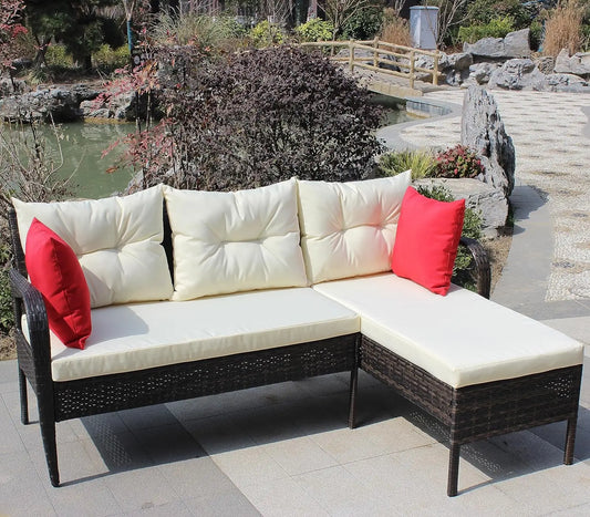Patio Wicker Rattan 5-Pc Sectional Furniture Set, 2-Seat Sofa & Lounge Chair, Brown and Beige