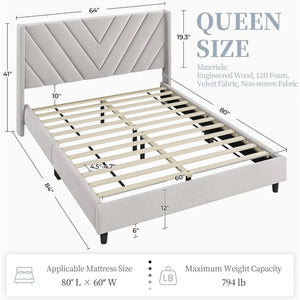 Bedroom Bed Frame - Queen Size, Upholstered Platform w/ Tufted Headboard