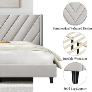 Bedroom Bed Frame - Queen Size, Upholstered Platform w/ Tufted Headboard