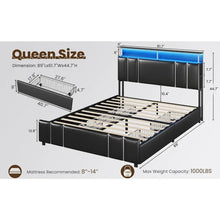 Load image into Gallery viewer, Queen Bed Frame with Bookcase Headboard, 4 Storage Drawers, Leather, Charging Station