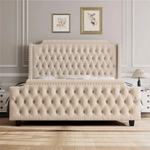 Luxurious Velvet Queen Bed Frame with 54" Wingback Headboard and Button Tufted Footboard