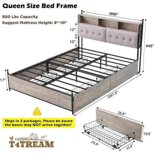 "Queen Bed Frame with Storage & Upholstered Headboard, LED Lights, Charging Station