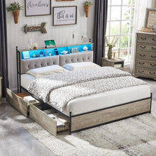 Load image into Gallery viewer, &quot;Queen Bed Frame with Storage &amp; Upholstered Headboard, LED Lights, 4 Drawers