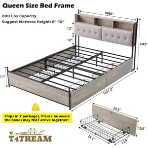 "Queen Bed Frame with Storage & Upholstered Headboard, LED Lights, 4 Drawers