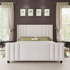 Bedroom Bed Frame - Queen Size, Vertical Tufted Headboard, Wood Slat Base