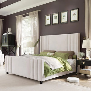 Bedroom Bed Frame - Queen Size, Vertical Tufted Headboard, Wood Slat Base