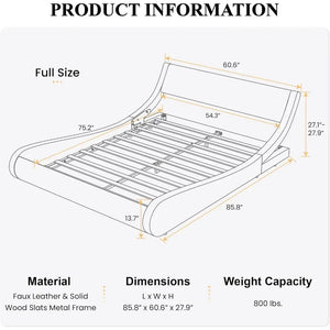 Queen Sleigh Bed Frame - Faux Leather Upholstered, Adjustable Headboard