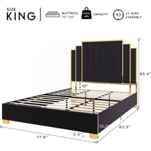 Load image into Gallery viewer, Queen Bed Frame w/ 61&quot; Headboard - Upholstered Platform, Golden Plating Trim