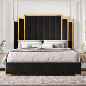 Queen Bed Frame w/ 61" Headboard - Upholstered Platform, Golden Plating Trim