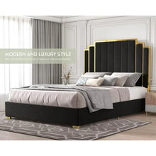 Load image into Gallery viewer, Queen Bed Frame w/ 61&quot; Headboard - Upholstered Platform, Golden Plating Trim