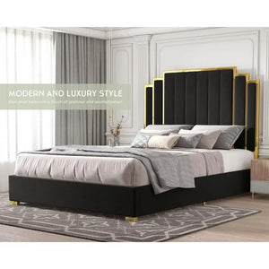 Queen Bed Frame w/ 61" Headboard - Upholstered Platform, Golden Plating Trim