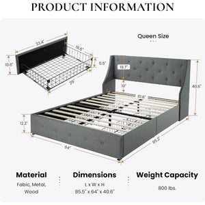 Elegant Queen Bed Frame & Headboard | 4 Storage Drawers, Diamond Stitching