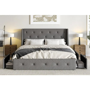 Elegant Queen Bed Frame & Headboard | 4 Storage Drawers, Diamond Stitching