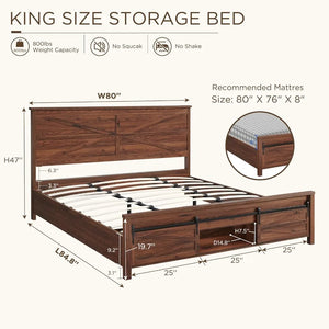 Queen Bedstead w/ Integrated Storage Cabinets | Sliding Barn Doors, Solid Wood Slats