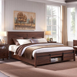 Queen Bedstead w/ Integrated Storage Cabinets | Sliding Barn Doors, Solid Wood Slats