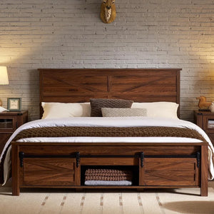 Queen Bedstead w/ Integrated Storage Cabinets | Sliding Barn Doors, Solid Wood Slats