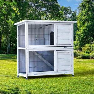 Deluxe 2-Level Rabbit Cage with Run - Outdoor/Indoor Bunny House, 2 Removable No-Leak Trays