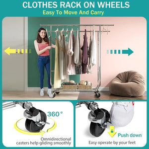 Clothing Rack on Wheels - 610LBS Capacity, Heavy Duty Rolling Garment Rack for Hanging Clothes