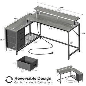 Reversible L-Shaped Computer Desk, Gaming Desk with LED Lights, Outlet & Storage