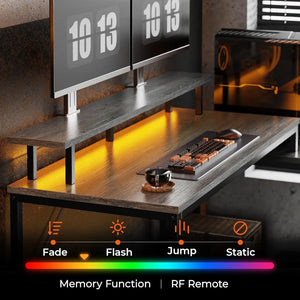 Reversible L-Shaped Computer Desk, Gaming Desk with LED Lights, Outlet & Storage