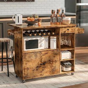 Rolling Kitchen Cart with Drop-Leaf and Wine Rack - Microwave Rack Serving Cart on Wheels with Drawer