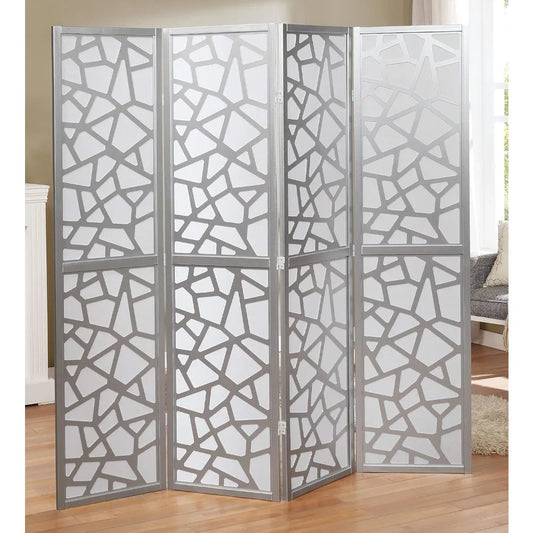 Natural Wood Room Divider - 4 Panel Silver Screen, Freestanding Peg Board Display
