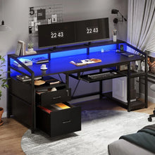 Load image into Gallery viewer, Spacious 63&quot; Gaming/Office Desk - Lockable File Drawers, LED Lights, Power Outlet