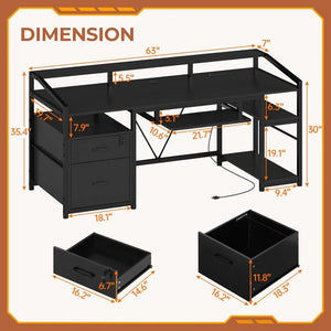 Spacious 63" Gaming/Office Desk - Lockable File Drawers, LED Lights, Power Outlet