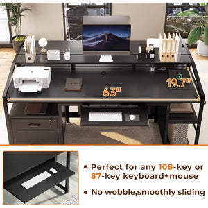 Spacious 63" Gaming/Office Desk - Lockable File Drawers, LED Lights, Power Outlet