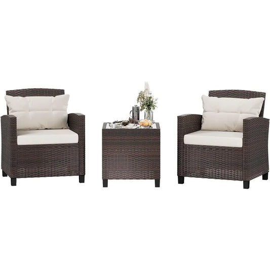Outdoor 3-Piece Patio Furniture Set - 3 Rattan Wicker Chairs and Table for Backyard/Garden