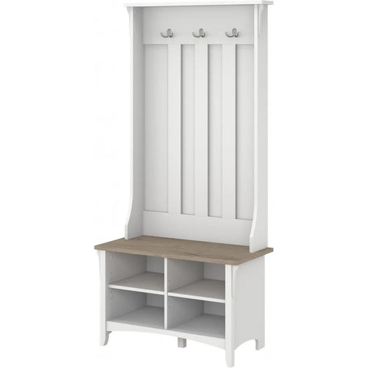 White Entryway Storage Bench with Adjustable Shelves, Coat Rack & Shoe Cabinet