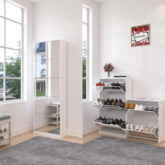 "Modern Shoe Organizer with Full-Length Mirror & 5 Flap Drawers – Stylish Storage Rack