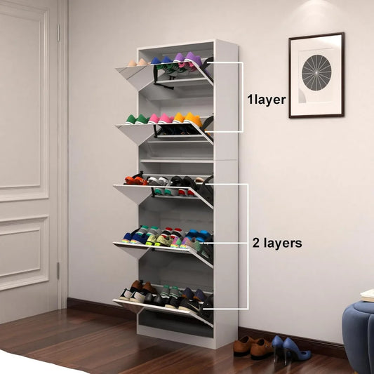 "Modern Shoe Organizer with Full-Length Mirror & 5 Flap Drawers – Stylish Storage Rack