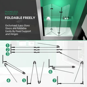 "51”W x 59”H Semi-Frameless Foldable Shower Door - Glass Bathtub Screen for Bathroom